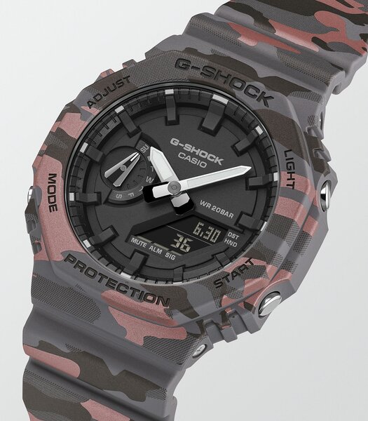 Horloge CASIO G-SHOCK Heren GA-2100CM-8AER Analoog-digitaal Behuizing MINERAAL Zwart Bracelette Hars Grijs Etanchéiteiten 20BAR