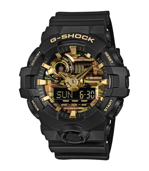 Horloge CASIO G-SHOCK Heren GA-700CF-1AER Digitaal + analoog Behuizing Acryl Goudkleurig Bracelette Hars Zwart Etanchéiteiten 20 ATM