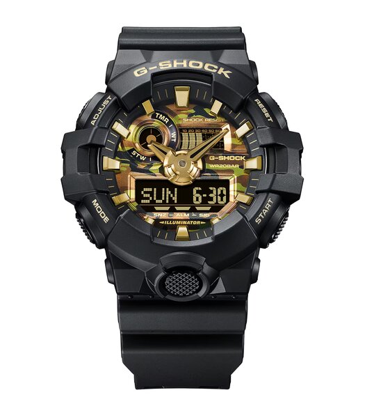Horloge CASIO G-SHOCK Heren GA-700CF-1AER Digitaal + analoog Behuizing Acryl Goudkleurig Bracelette Hars Zwart Etanchéiteiten 20 ATM
