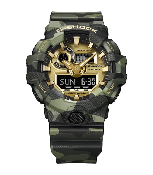 Horloge CASIO G-SHOCK Heren GA-700CMG-3AER Digitaal + analoog Behuizing Acryl Goudkleurig Bracelette Hars Camouflage Etanchéiteiten 20 ATM