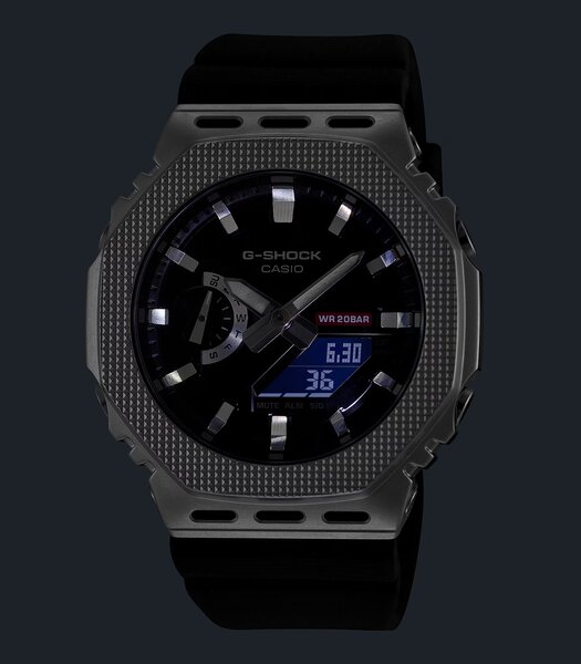 Horloge CASIO G-SHOCK Heren GM-2100M-1AER Digitaal + analoog Behuizing Mineraal Grijs Bracelette Hars Zwart Boucle ardillon Etanchéiteiten 20 BAR