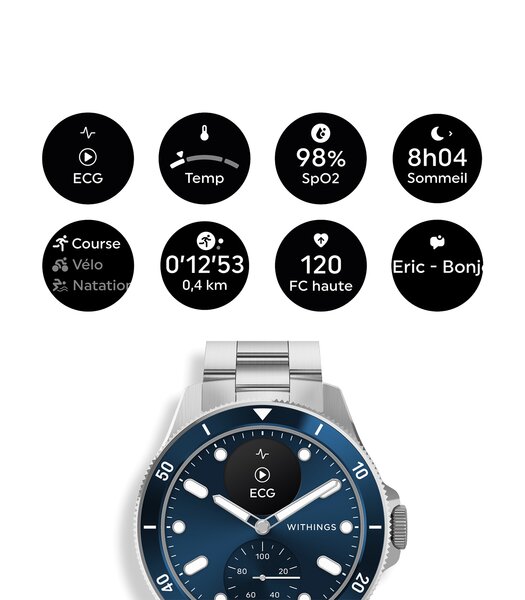 Horloge Withings SCANWATCH NOVA Heren HWA10-07 Analoog-digitaal Behuizing Saffier Blauw Bracelette Roestvrij staal Staal Boucle déployante Etanchéitei
