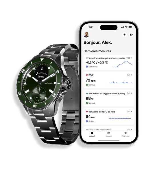 Horloge Withings SCANWATCH NOVA Heren HWA10-08 Analoog-digitaal Behuizing Saffier Groen Bracelette Roestvrij staal Staal Etanchéiteiten 10BAR