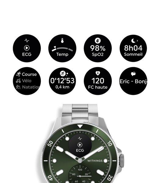 Horloge Withings SCANWATCH NOVA Heren HWA10-08 Analoog-digitaal Behuizing Saffier Groen Bracelette Roestvrij staal Staal Etanchéiteiten 10BAR