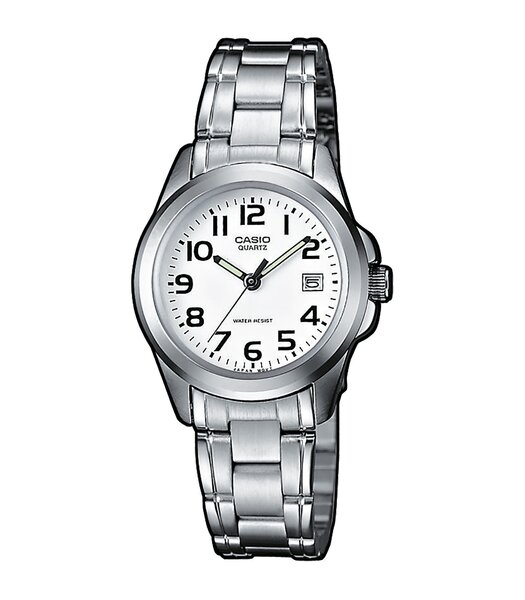 Horloge CASIO CASIO COLLECTION Unisex LTP-1259PD-7BEG Analoog Behuizing MINERAAL Wit Armband Roestvrij staal Staal UITKLAPBARE BOEGEN