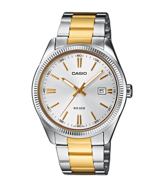 Horloge CASIO CASIO COLLECTION Unisex MTP-1302PSG-7AVEF Analoog Behuizing MINERAAL Wit Armband Roestvrij staal Staal / geel goud UITKLAPBARE BOEGEN Wa