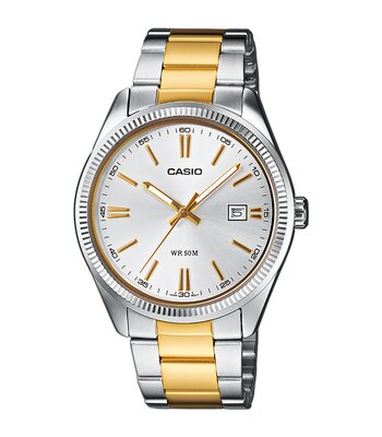 Horloge CASIO CASIO COLLECTION Unisex MTP-1302PSG-7AVEF Analoog Behuizing MINERAAL Wit Armband Roestvrij staal Staal / geel goud UITKLAPBARE BOEGEN Wa