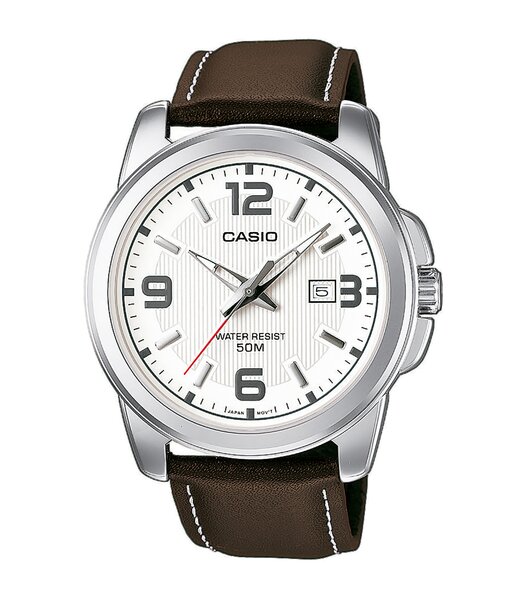 Montre CASIO CASIO COLLECTION Homme MTP-1314PL-7AVEF Analogue Cadran MINERAL Blanc Bracelet Cuir Brun Boucle ardillon Etanchéité 5BAR