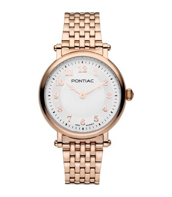 Horloge PONTIAC WESTMINSTER Dames P10064 Analoog Behuizing Saffier Wit Bracelette Roestvrij staal Roségoudkleurig BOUCLE DEPLOYANTE Etanchéiteiten 5AT
