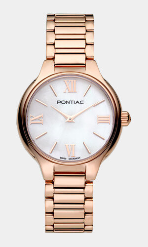 Horloge PONTIAC LEICESTER Dames P10071 Analoog Behuizing Saffier Wit Bracelette Roestvrij staal Roségoudkleurig BOUCLE DEPLOYANTE Etanchéiteiten 5ATM