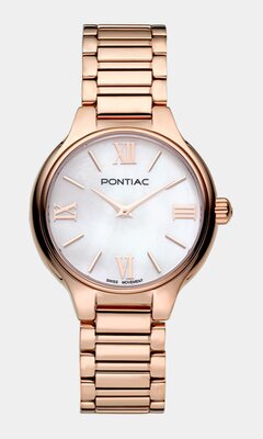 Horloge PONTIAC LEICESTER Dames P10071 Analoog Behuizing Saffier Wit Bracelette Roestvrij staal Roségoudkleurig BOUCLE DEPLOYANTE Etanchéiteiten 5ATM
