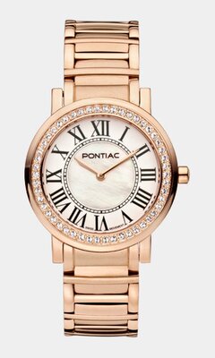 Horloge PONTIAC ROMAN Dames P10080 Analoog Behuizing Saffier PARELMOER Bracelette Roestvrij staal Roségoudkleurig BOUCLE DEPLOYANTE Etanchéiteiten 5AT
