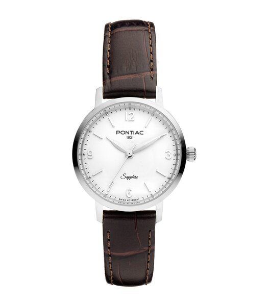 Horloge PONTIAC LILY Dames P10124 Analoog Behuizing Saffier Wit Bracelette Leer Bruin Boucle ardillon Etanchéiteiten 5 ATM