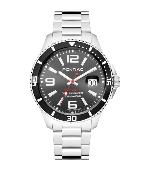 Montre PONTIAC DEEP WATER Homme P20034 Analogique Cadran Saphir Noir Bracelet Acier inoxydable Argenté Boucle déployante Etanchéité 20 ATM