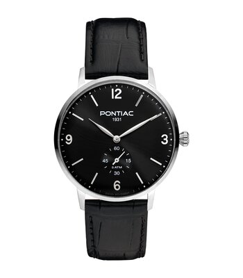 Horloge PONTIAC ARTHUR Heren P20060 Analoog Behuizing Saffier Zwart Bracelette Leer Zwart Boucle ardillon Etanchéiteiten 5 ATM