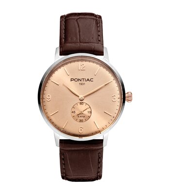Horloge PONTIAC ARTHUR Heren P20064 Analoog Behuizing Saffier Roségoud Bracelette Leer Bruin Boucle ardillon Etanchéiteiten 5ATM