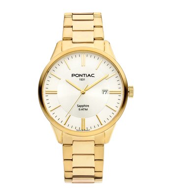 Horloge PONTIAC DRACO Heren P20083 Analoog Behuizing Saffier Wit Bracelette Roestvrij staal Geelgoudkleurig Boucle déployante Etanchéiteiten 5 ATM