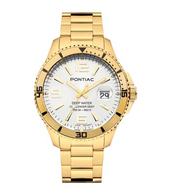 Horloge PONTIAC DEEP WATER Heren P20089 Analoog Behuizing Saffier Wit Bracelette Roestvrij staal Geelgoudkleurig Boucle ardillon Etanchéiteiten 10 ATM