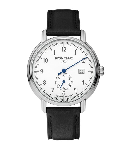Horloge PONTIAC MONOTIME Heren P20103 Analoog Behuizing Saffier Wit Bracelette Leer Zwart Boucle ardillon Etanchéiteiten 5BAR