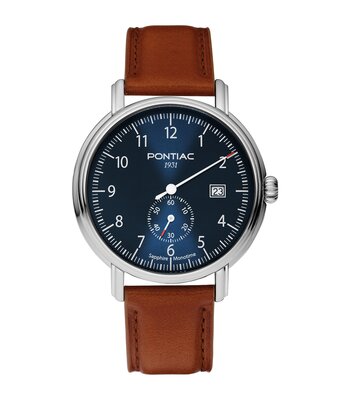 Horloge PONTIAC MONOTIME Heren P20105 Analoog Behuizing Saffier Blauw Bracelette Leer Bruin Boucle ardillon Etanchéiteiten 5BAR