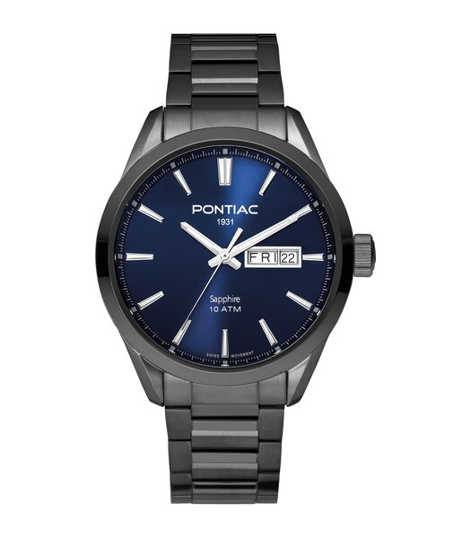 Horloge PONTIAC VICTOR Heren P20110 Analoog Behuizing Saffier Blauw Bracelette Staal Zwart Boucle déployante Etanchéiteiten 10BAR