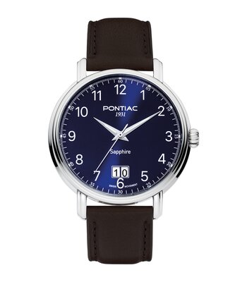 Horloge PONTIAC ERIC Heren P20122 Analoog Behuizing Saffier Blauw Bracelette Leer Bruin Boucle ardillon Etanchéiteiten 5 ATM