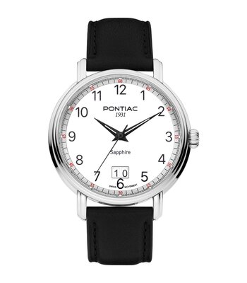 Horloge PONTIAC ERIC Heren P20125 Analoog Behuizing Saffier Wit Bracelette Leer Zwart Boucle ardillon Etanchéiteiten 5BAR