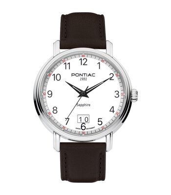 Horloge PONTIAC ERIC Heren P20126 Analoog Behuizing Saffier Wit Bracelette Leer Bruin Boucle ardillon Etanchéiteiten 5BAR
