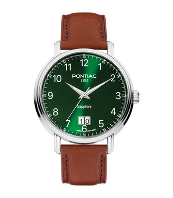 Horloge PONTIAC ERIC Heren P20127 Analoog Behuizing Saffier Groen Bracelette Leer Camel Boucle ardillon Etanchéiteiten 5 ATM