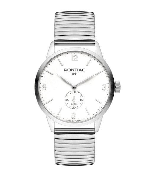Horloge PONTIAC ARTHUR Heren P20138 Analoog Behuizing Saffier Wit Bracelette Rekbaar Zilverkleurig Etanchéiteiten 5 ATM