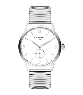 Horloge PONTIAC ARTHUR Heren P20138 Analoog Behuizing Saffier Wit Bracelette Rekbaar Zilverkleurig Etanchéiteiten 5 ATM