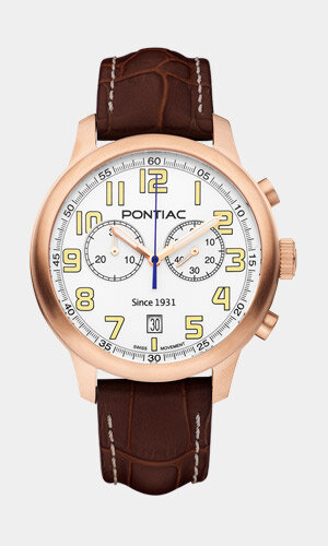 Horloge PONTIAC COMPOSANT-BOITIER Heren P40015 Analoog Behuizing Saffier Wit Bracelette Leer Bruin Boucle ardillon Etanchéiteiten 5 ATM