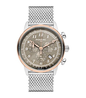 Horloge PONTIAC PHOENIX Heren P40022 Analoog Behuizing Saffier Bruin Bracelette Milanees Zilverkleurig Clip / clasp Etanchéiteiten 5 ATM