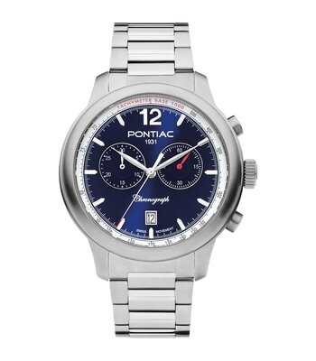 Horloge PONTIAC HENRY Heren P40024 Analoog Behuizing Saffier Blauw Bracelette Roestvrij staal Zilverkleurig Boucle déployante Etanchéiteiten 5 ATM