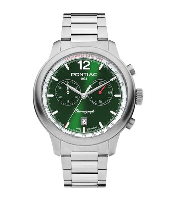 Horloge PONTIAC HENRY Heren P40025 Analoog Behuizing Saffier Groen Bracelette Roestvrij staal Zilverkleurig Boucle déployante Etanchéiteiten 5 ATM