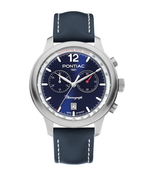 Horloge PONTIAC HENRY Heren P40026 Analoog Behuizing Saffier Blauw Bracelette Leer Blauw Boucle ardillon Etanchéiteiten 5 ATM