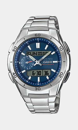 Horloge CASIO RADIO CONTROLLED WATCHES Heren WVA-M650D-2AER Analoog-digitaal Behuizing Mineraal Blauw Armband Roestvrij staal Staal Boucle déployante